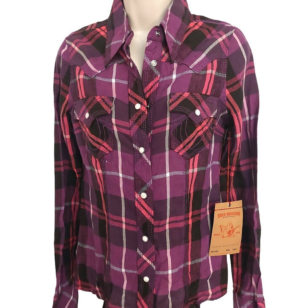 True Religion Brand Jeans ROCKY Purple & Pink Plaid Flannel Shirt Size XS $138